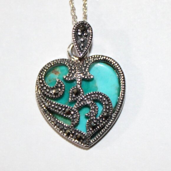 Jewelry - Sterling Silver Faux Turquoise & Marcasite Heart Necklace